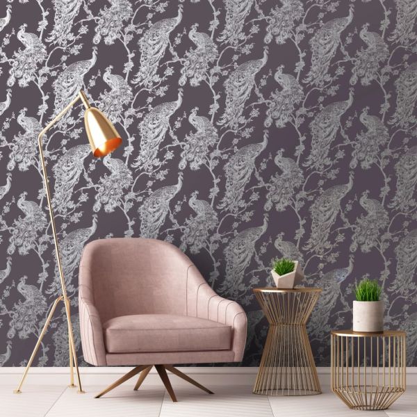 DUTCH WALLCOVERINGS Carta da Parati Pavone Viola e Argento