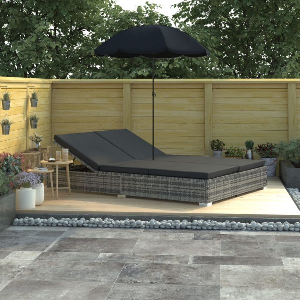 Lettino Prendisole con Ombrellone in Polyrattan Grigio