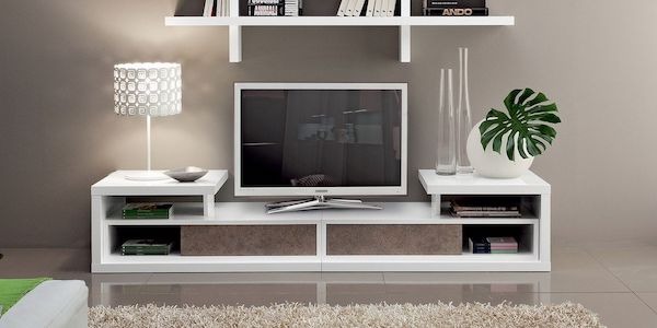 Una tv su un mobiletto in soggiorno con una pianta alla parete